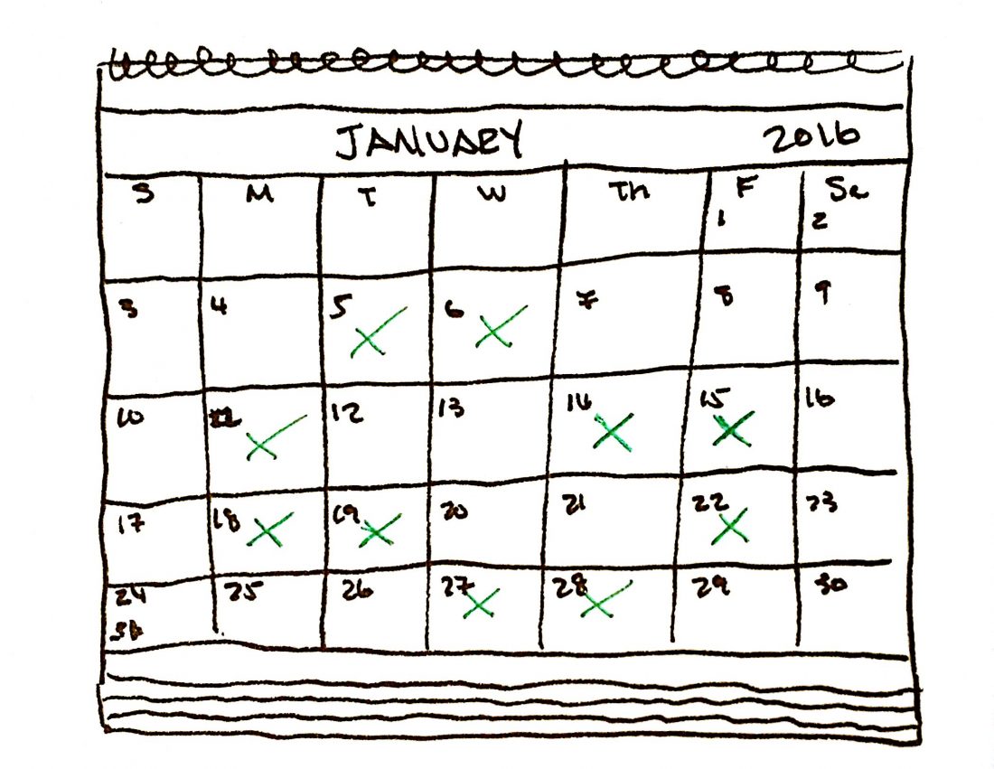 sketch of monthly calendar with days marked off