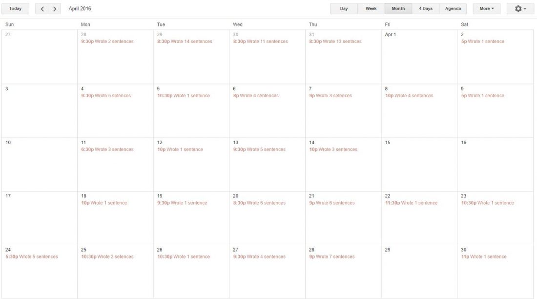 screenshot of a calendar with days marked off for writing