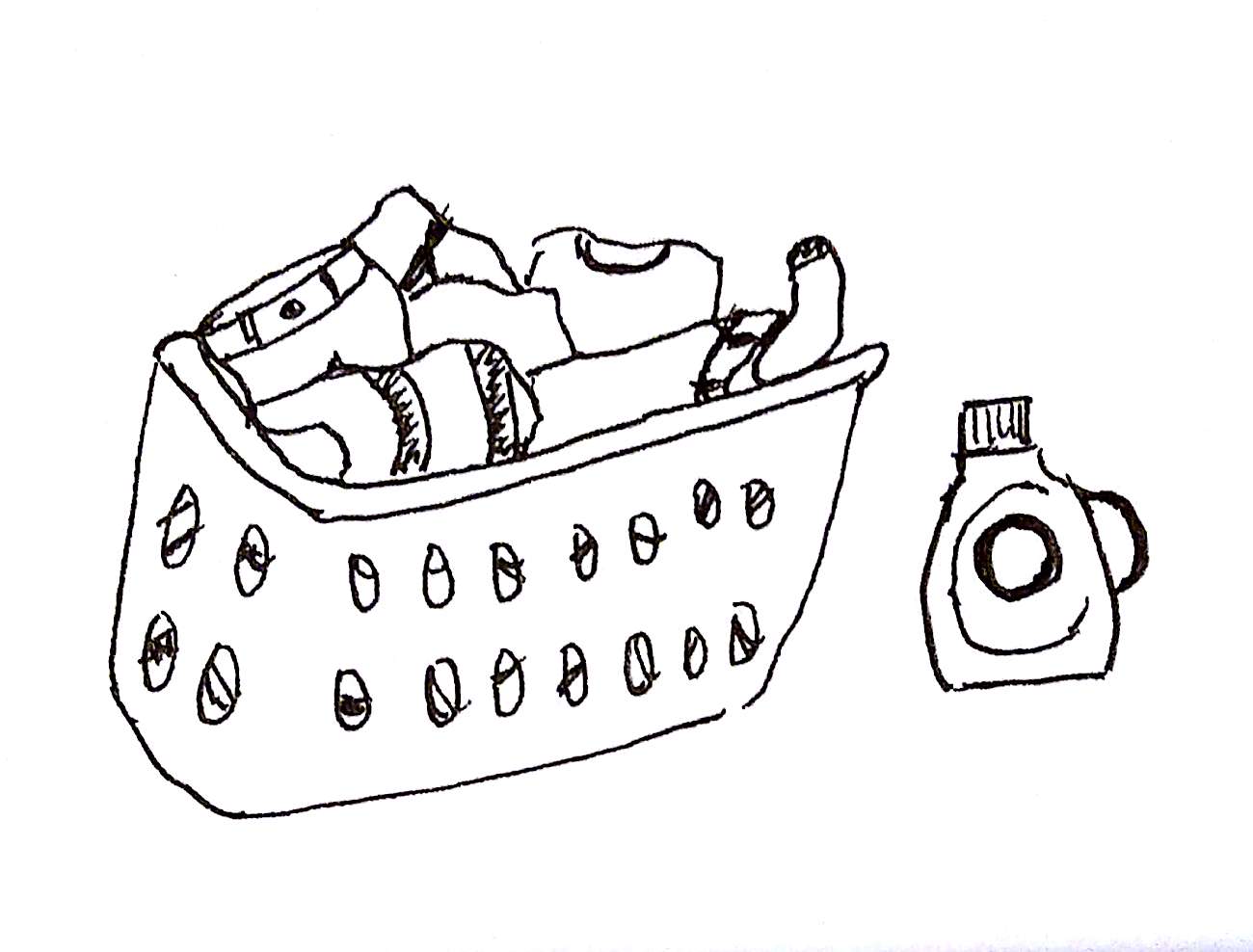 sketch of laundry basket and detergent