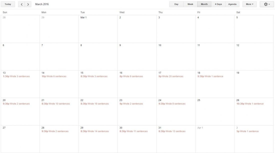 screenshot of calendar with days marked off for writing