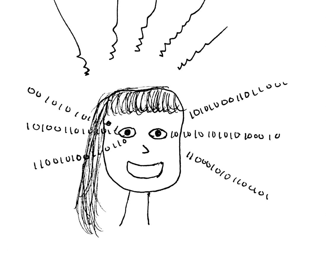 sketch of a women with binary code entering her eyes