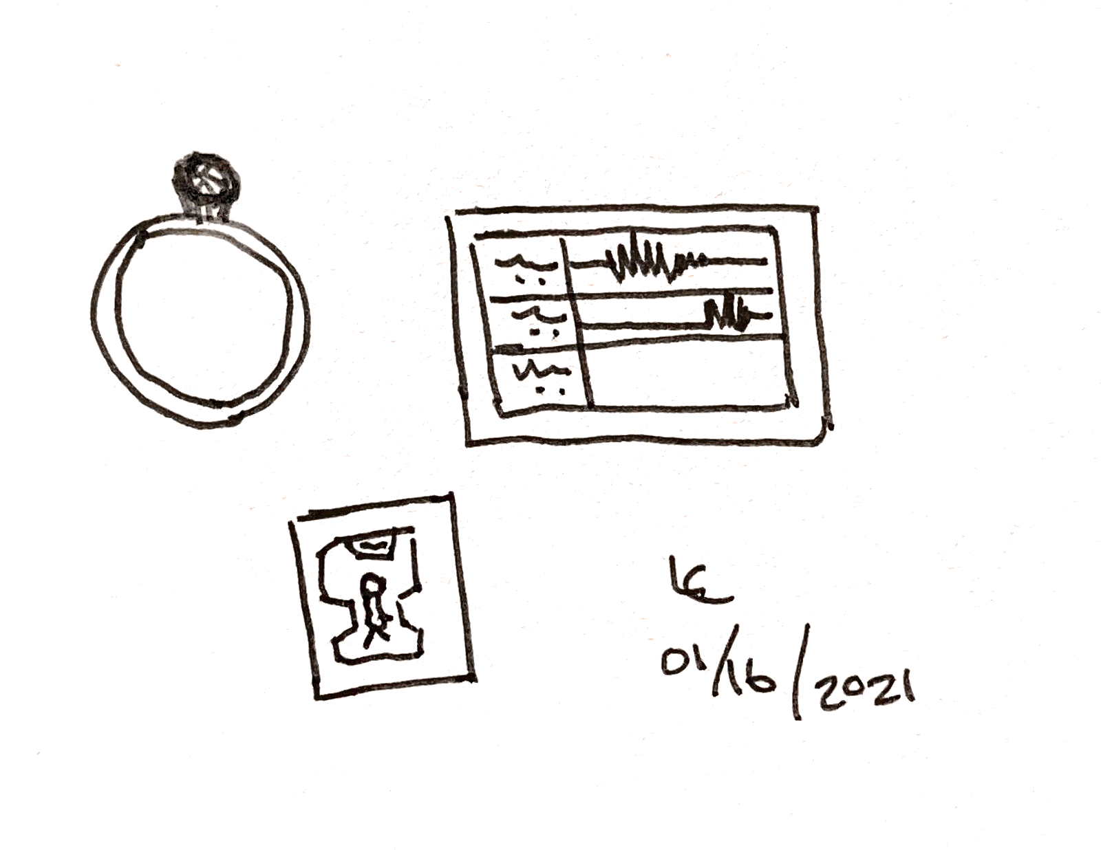sketch of an engagement ring, sports card, and audio dashboard