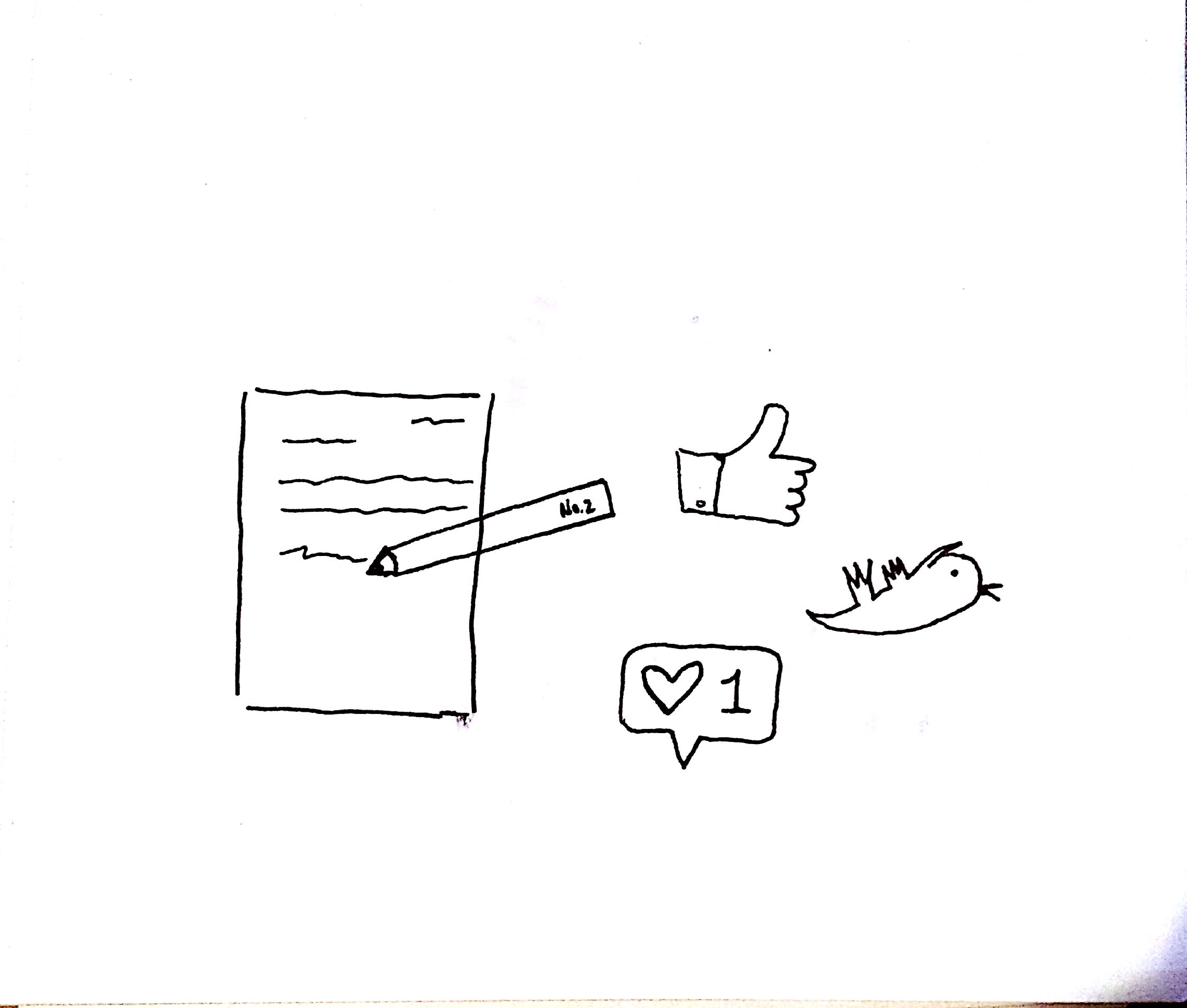 sketch of pencil writing on paper and social media buttons